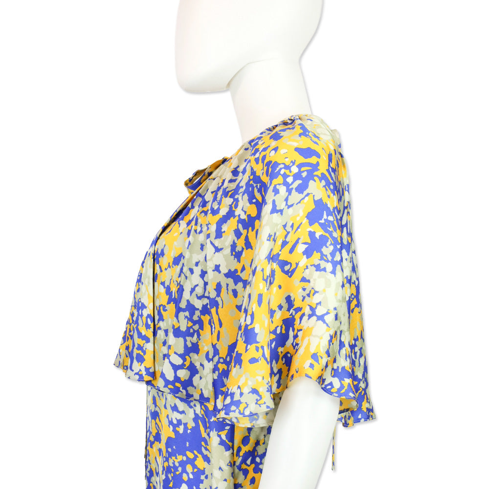 Stella McCartney Blue & Yellow Printed Satin Crepe Cape-Effect Midi Dress