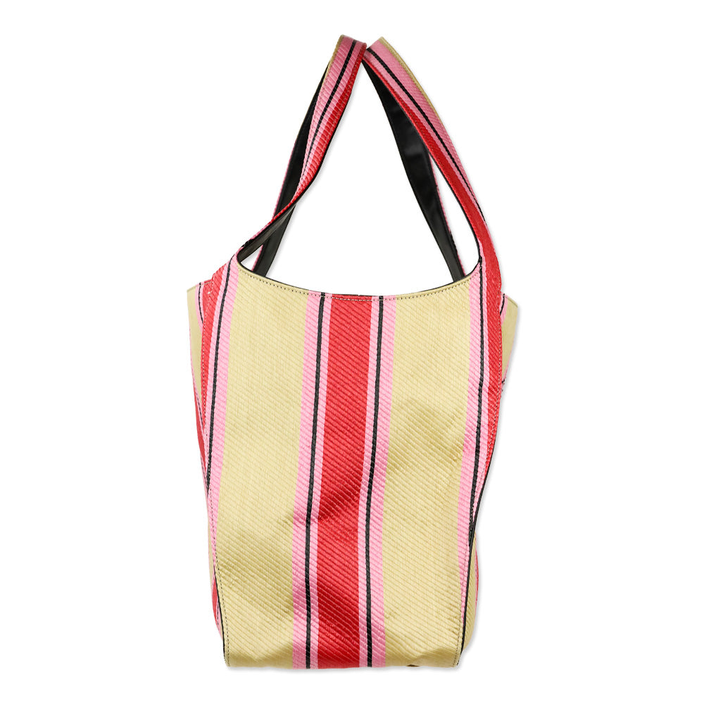 Stella McCartney Pink/Beige Striped Stella Logo Raffia Tote Bag
