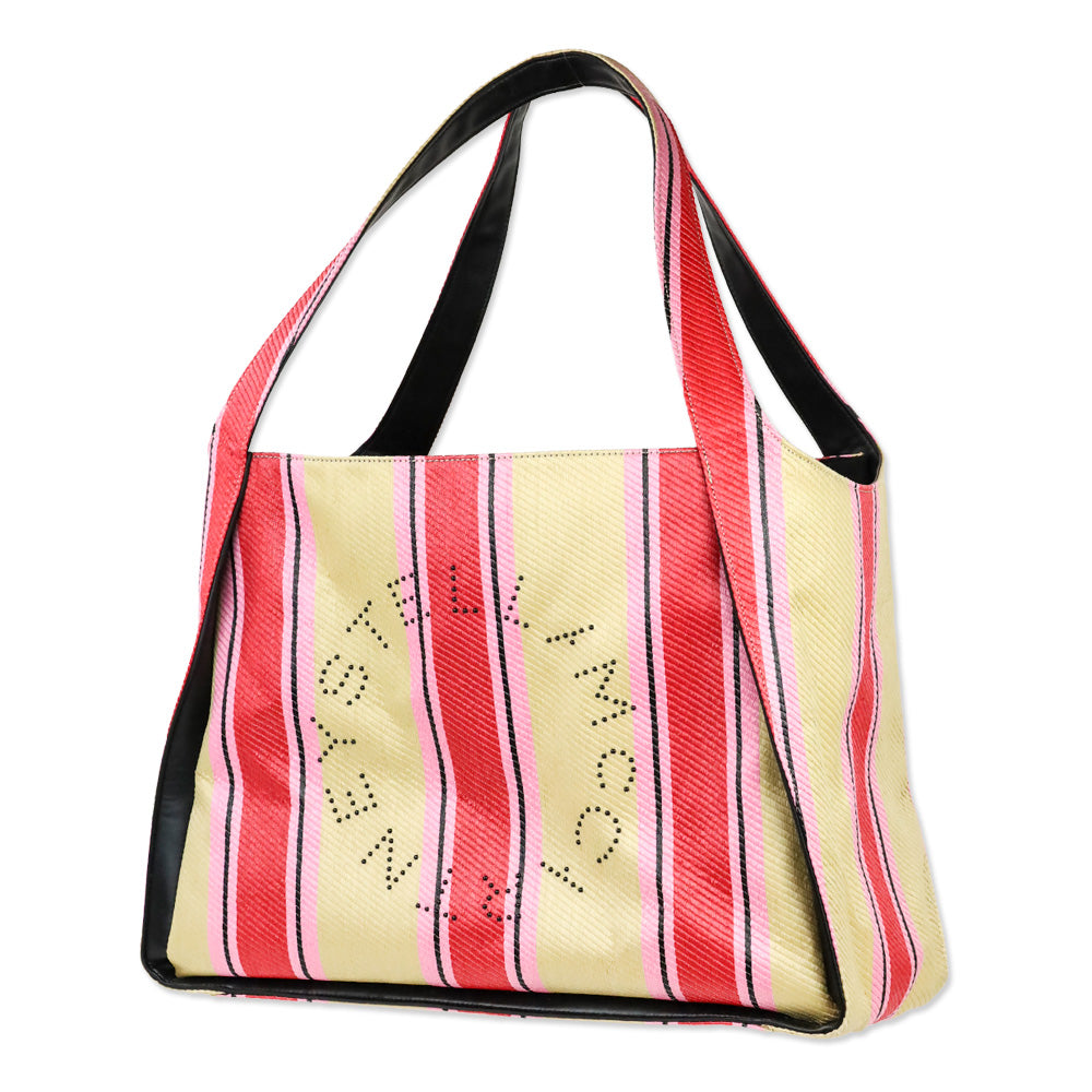 Stella McCartney Pink/Beige Striped Stella Logo Raffia Tote Bag