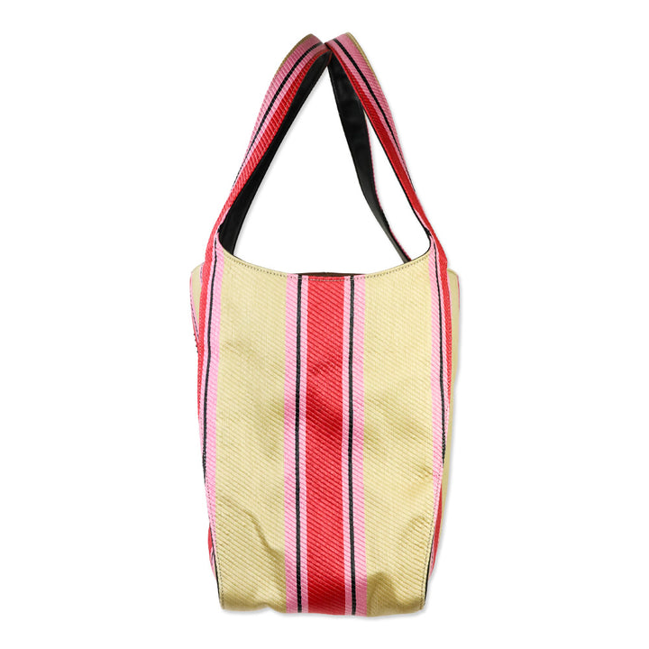 Stella McCartney Pink/Beige Striped Stella Logo Raffia Tote Bag