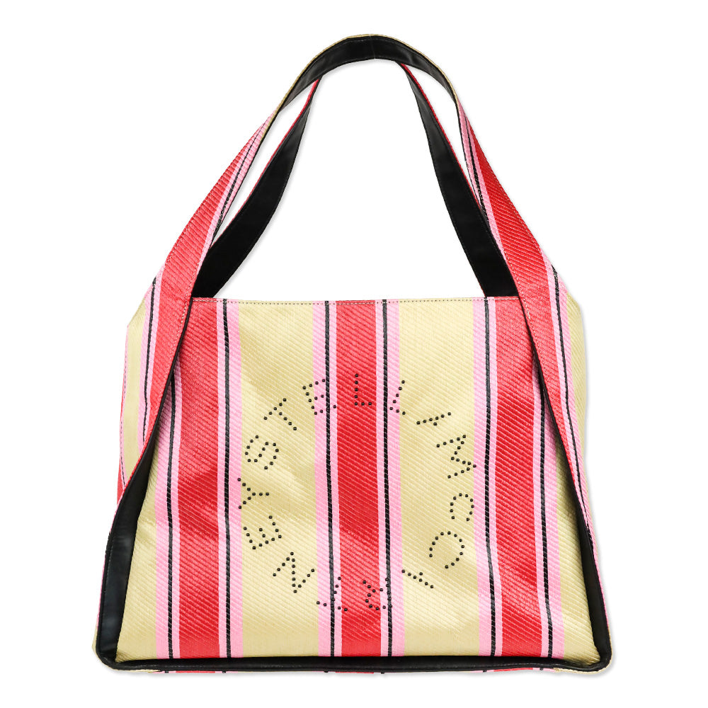 Stella McCartney Pink/Beige Striped Stella Logo Raffia Tote Bag
