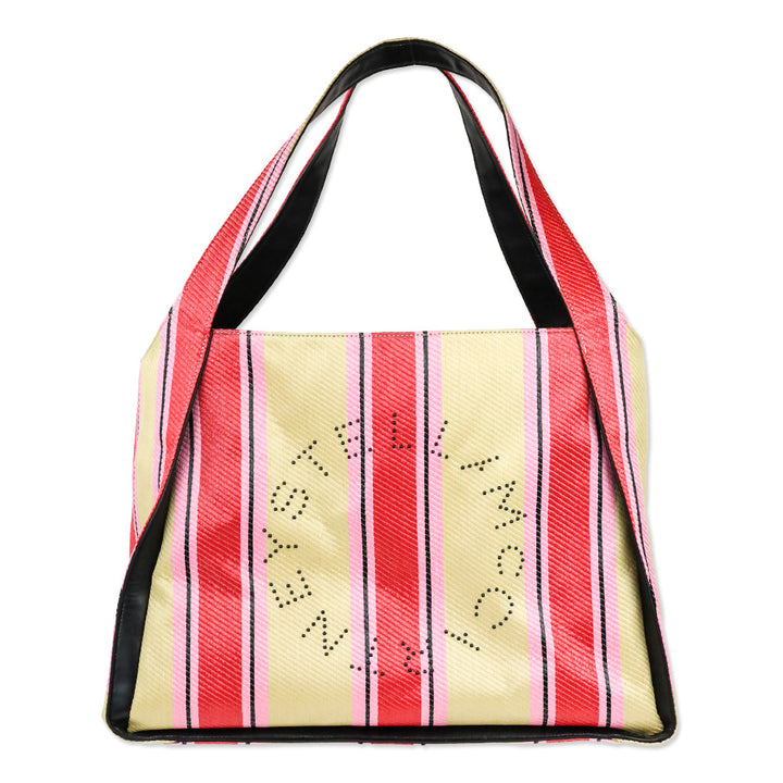Stella McCartney Pink/Beige Striped Stella Logo Raffia Tote Bag