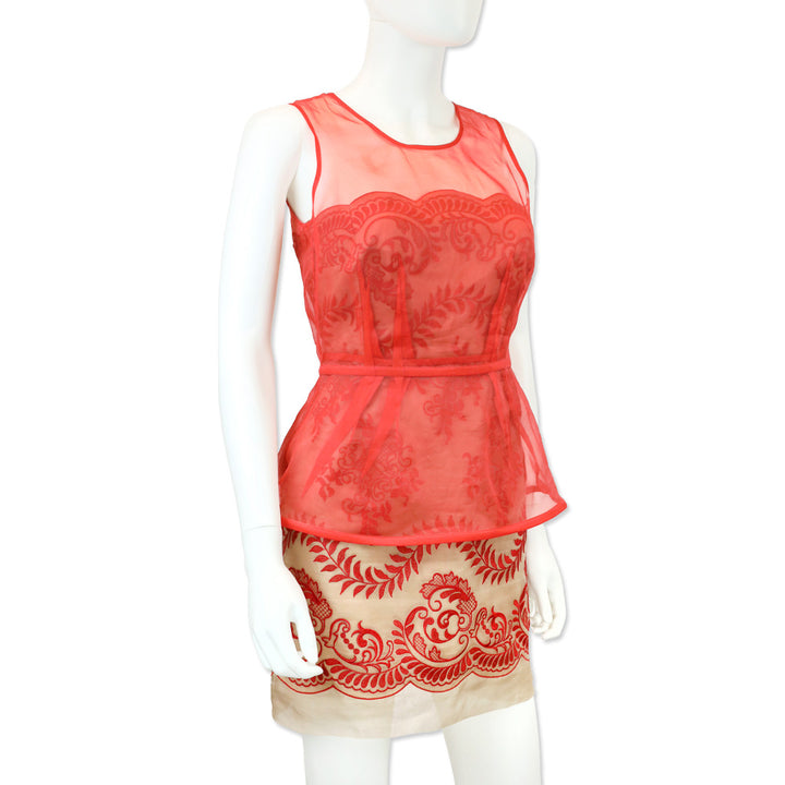Stella McCartney Red Embroidered Camel Organza Strapless Bolsena Dress with Red Peplum Overlay