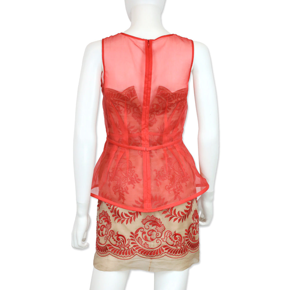 Stella McCartney Red Embroidered Camel Organza Strapless Bolsena Dress with Red Peplum Overlay