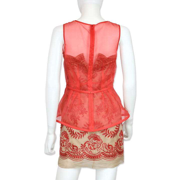 Stella McCartney Red Embroidered Camel Organza Strapless Bolsena Dress with Red Peplum Overlay