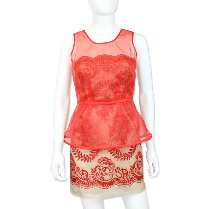 Stella McCartney Red Embroidered Camel Organza Strapless Bolsena Dress with Red Peplum Overlay