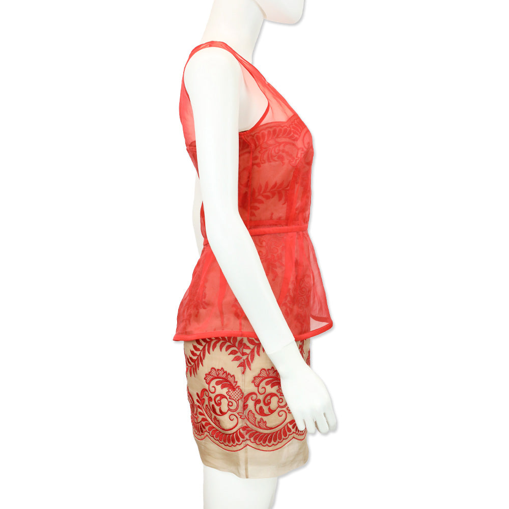 Stella McCartney Red Embroidered Camel Organza Strapless Bolsena Dress with Red Peplum Overlay