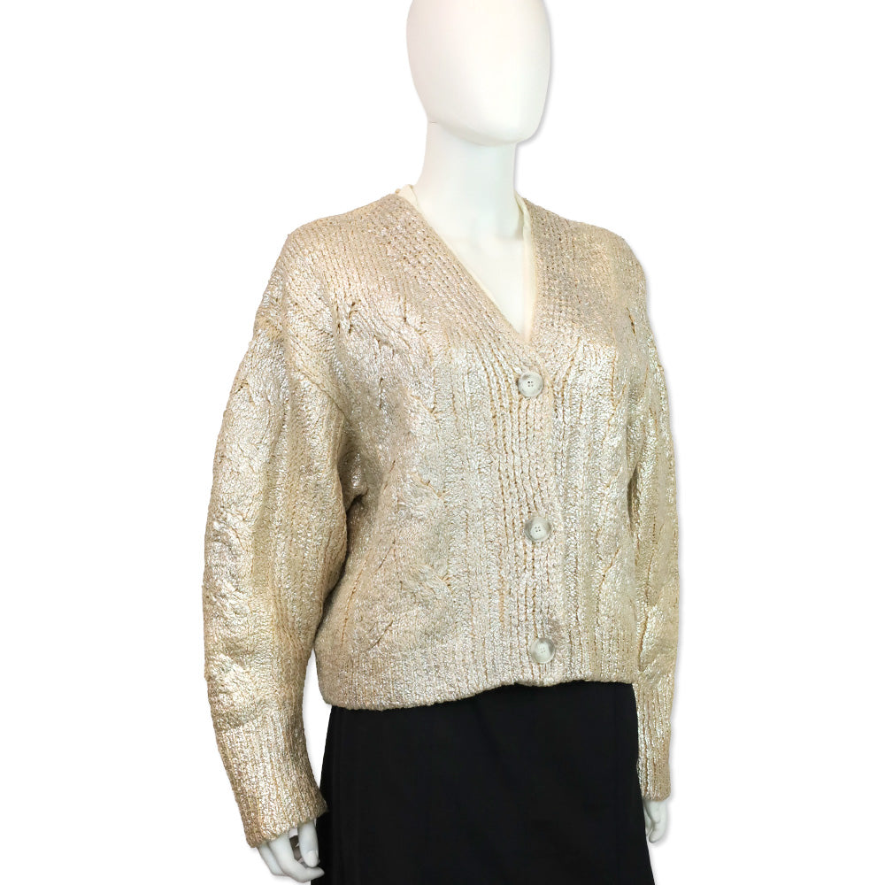 Stella McCartney Silver Metallic Cable-Knit Crop Cardigan