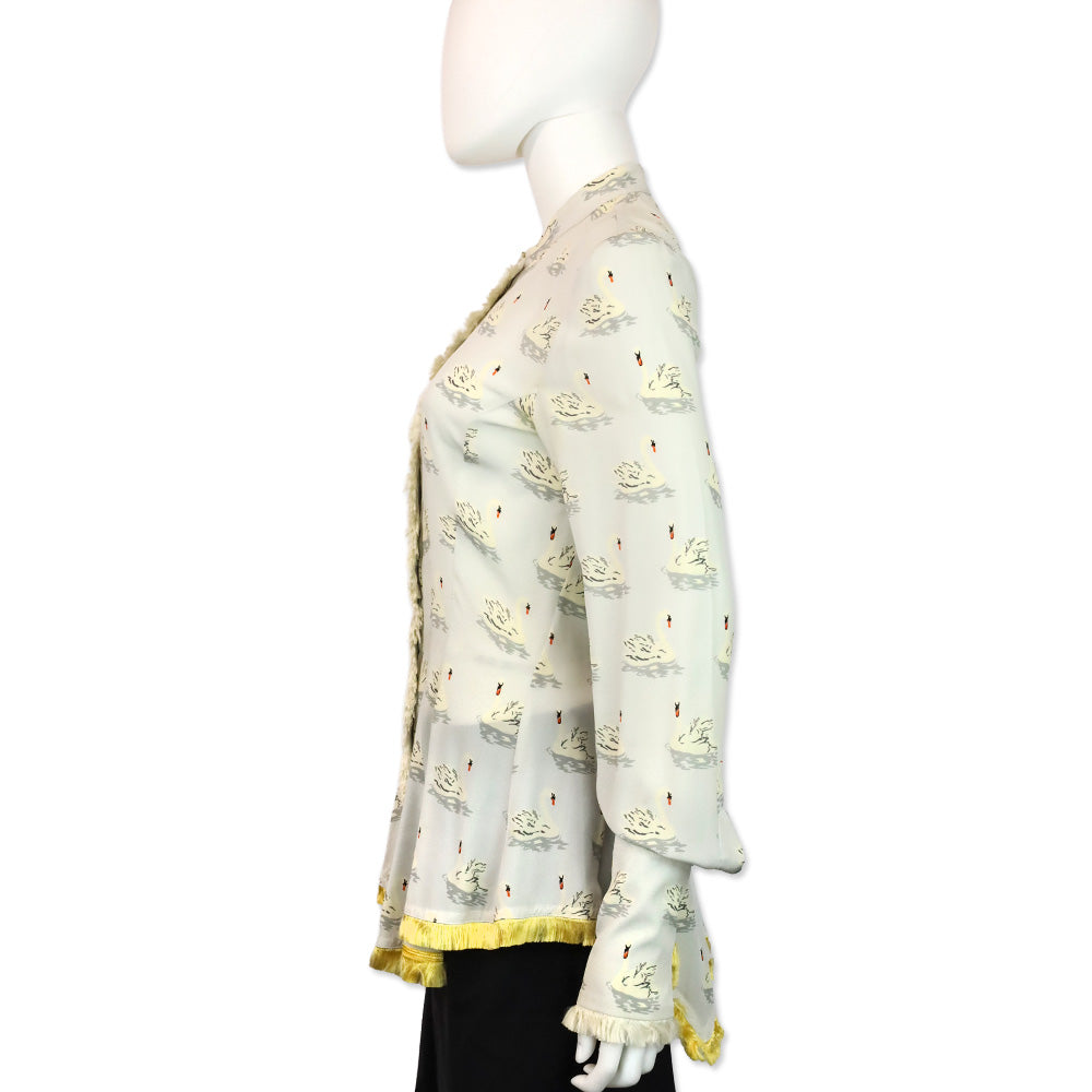 Stella McCartney Swan Print Fur Trim Button Up Peplum Blouse