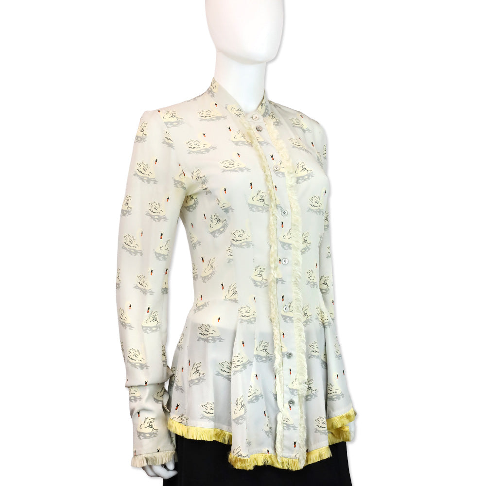 Stella McCartney Swan Print Fur Trim Button Up Peplum Blouse