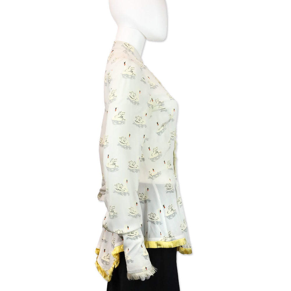 Stella McCartney Swan Print Fur Trim Button Up Peplum Blouse