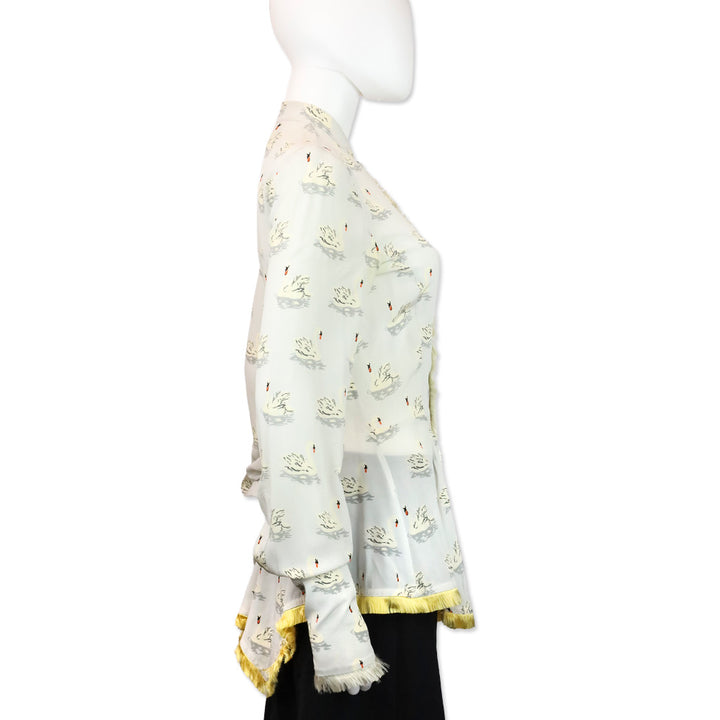 Stella McCartney Swan Print Fur Trim Button Up Peplum Blouse