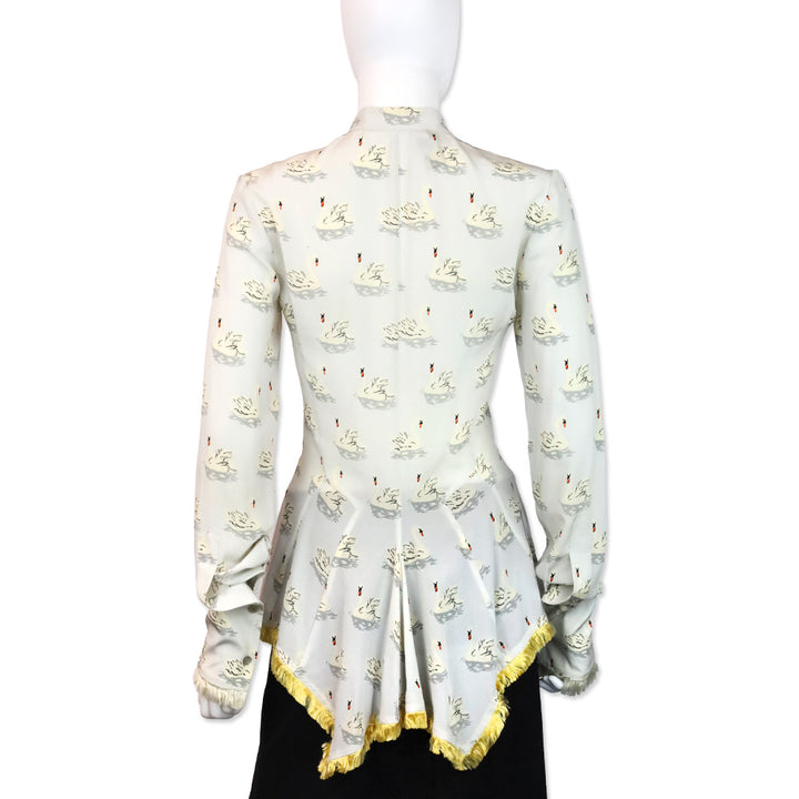 Stella McCartney Swan Print Fur Trim Button Up Peplum Blouse
