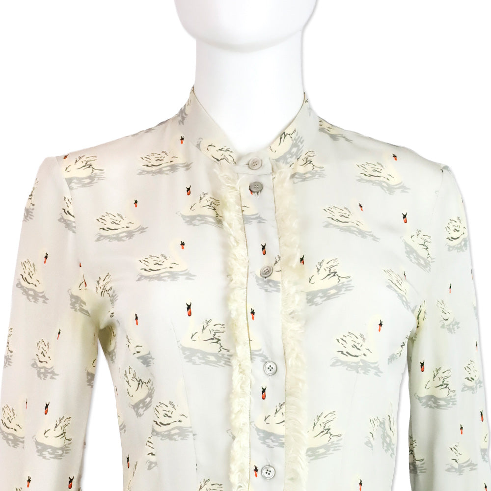 Stella McCartney Swan Print Fur Trim Button Up Peplum Blouse