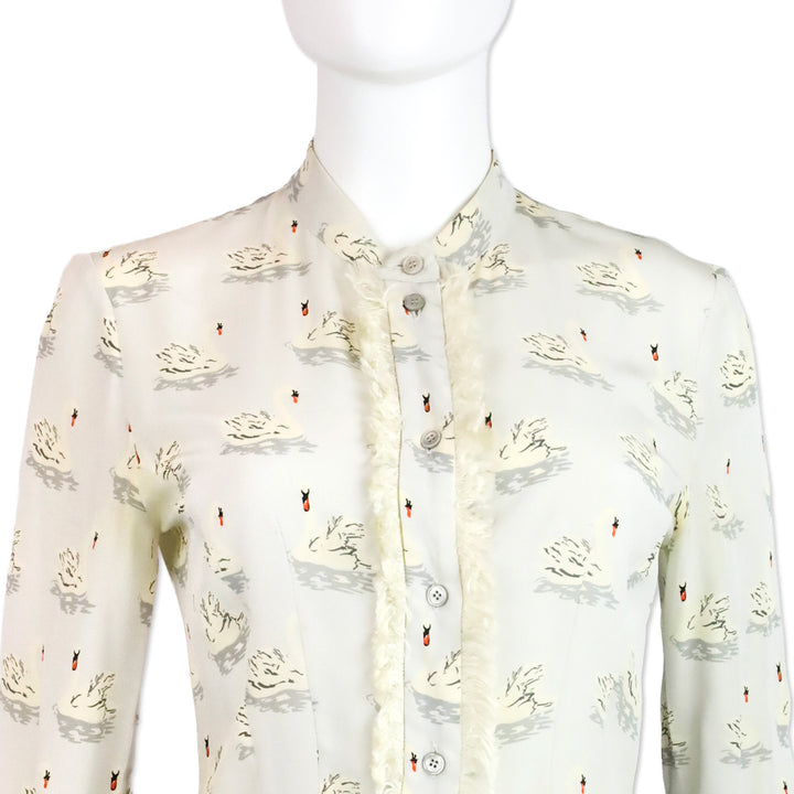 Stella McCartney Swan Print Fur Trim Button Up Peplum Blouse