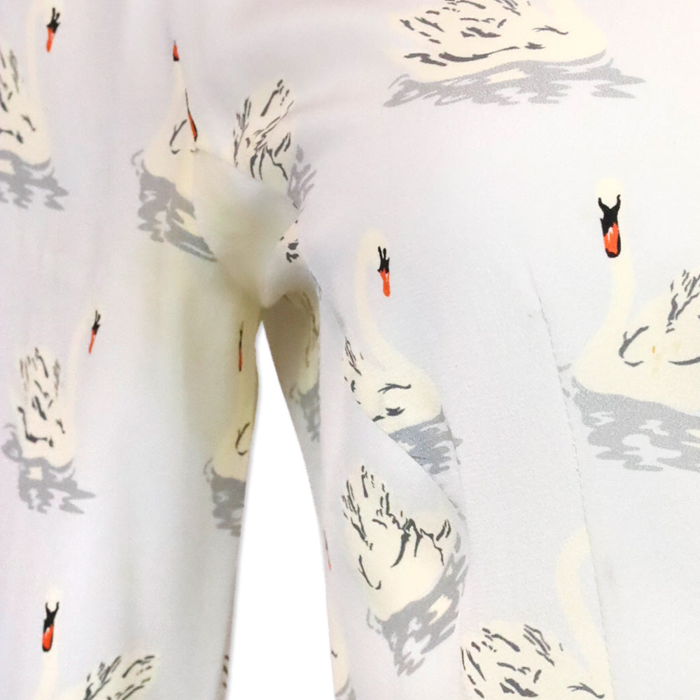 Stella McCartney Swan Print Fur Trim Button Up Peplum Blouse