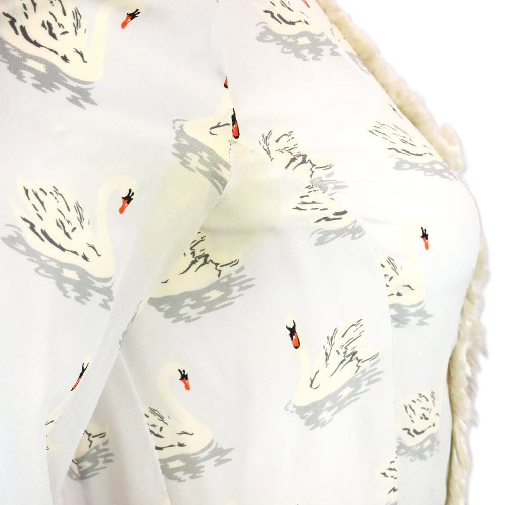 Stella McCartney Swan Print Fur Trim Button Up Peplum Blouse