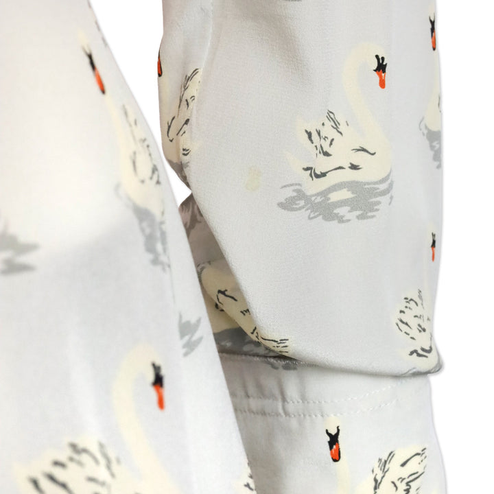 Stella McCartney Swan Print Fur Trim Button Up Peplum Blouse