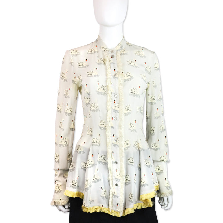 Stella McCartney Swan Print Fur Trim Button Up Peplum Blouse