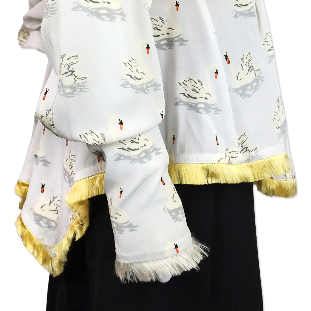 Stella McCartney Swan Print Fur Trim Button Up Peplum Blouse