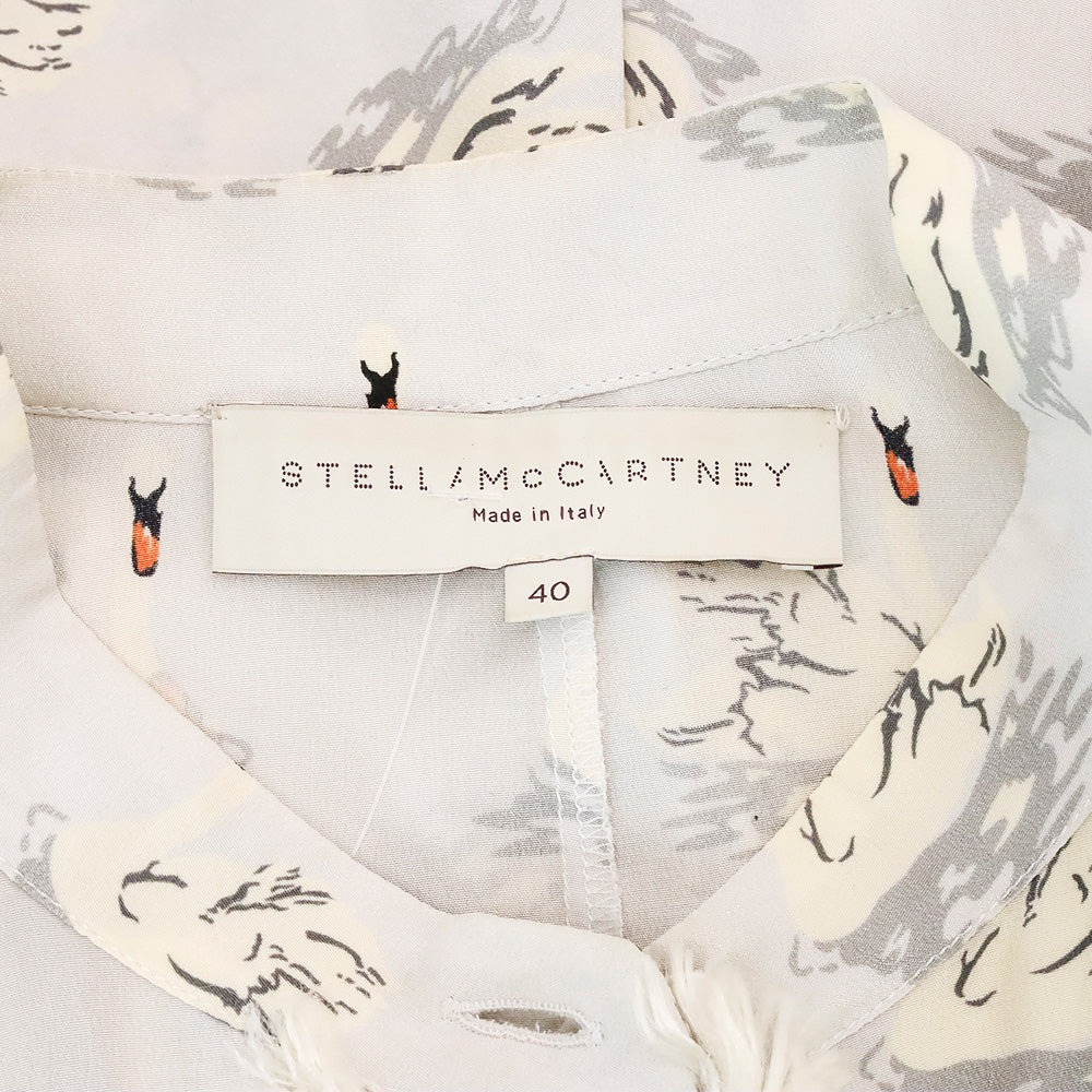 Stella McCartney Swan Print Fur Trim Button Up Peplum Blouse
