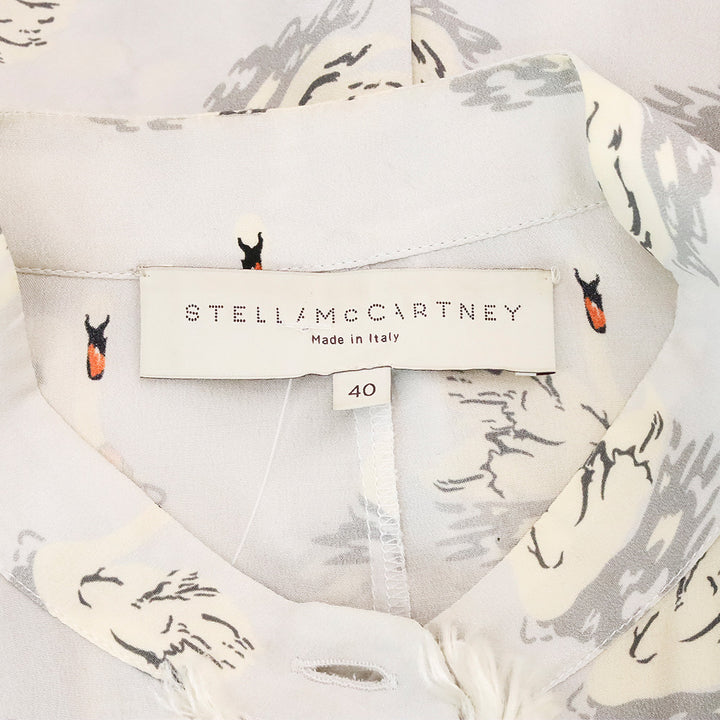 Stella McCartney Swan Print Fur Trim Button Up Peplum Blouse