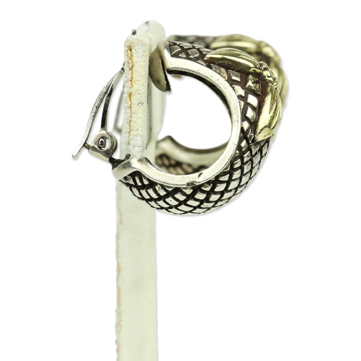 Stephen Dweck Quilted Sterling Silver Gold Flower Wide Hoop Clip-On Earrings