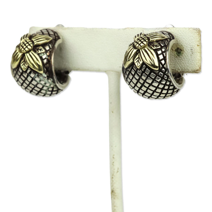 Stephen Dweck Quilted Sterling Silver Gold Flower Wide Hoop Clip-On Earrings