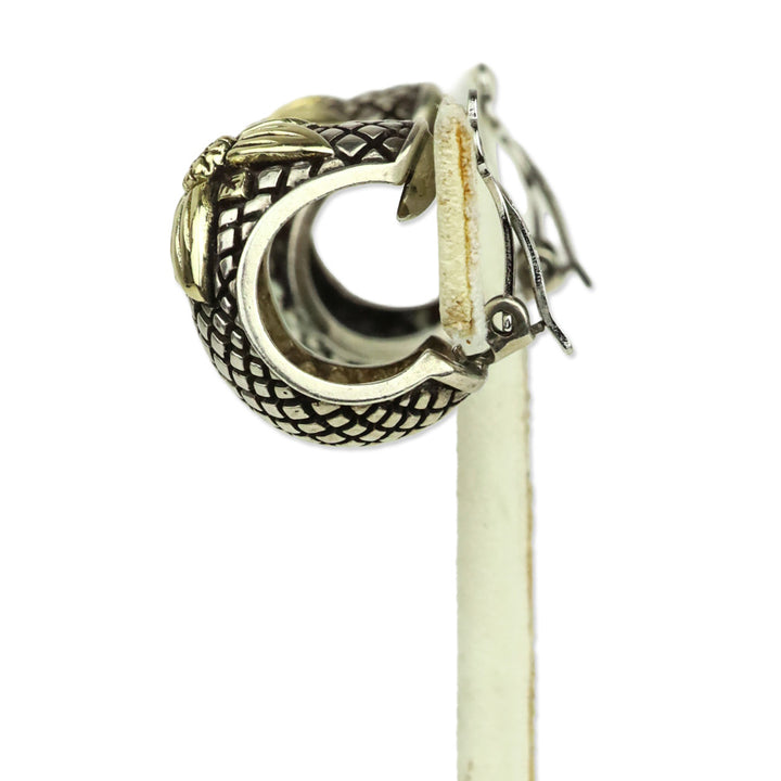 Stephen Dweck Quilted Sterling Silver Gold Flower Wide Hoop Clip-On Earrings