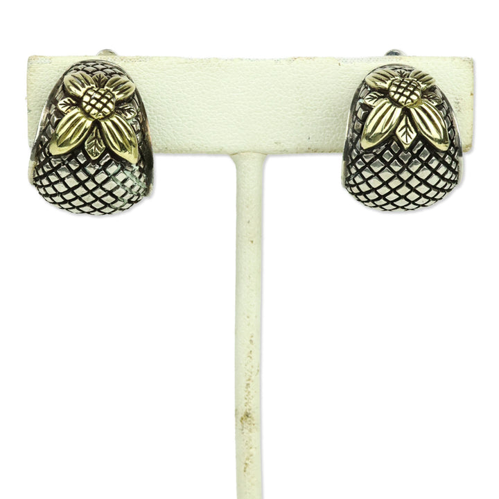 Stephen Dweck Quilted Sterling Silver Gold Flower Wide Hoop Clip-On Earrings