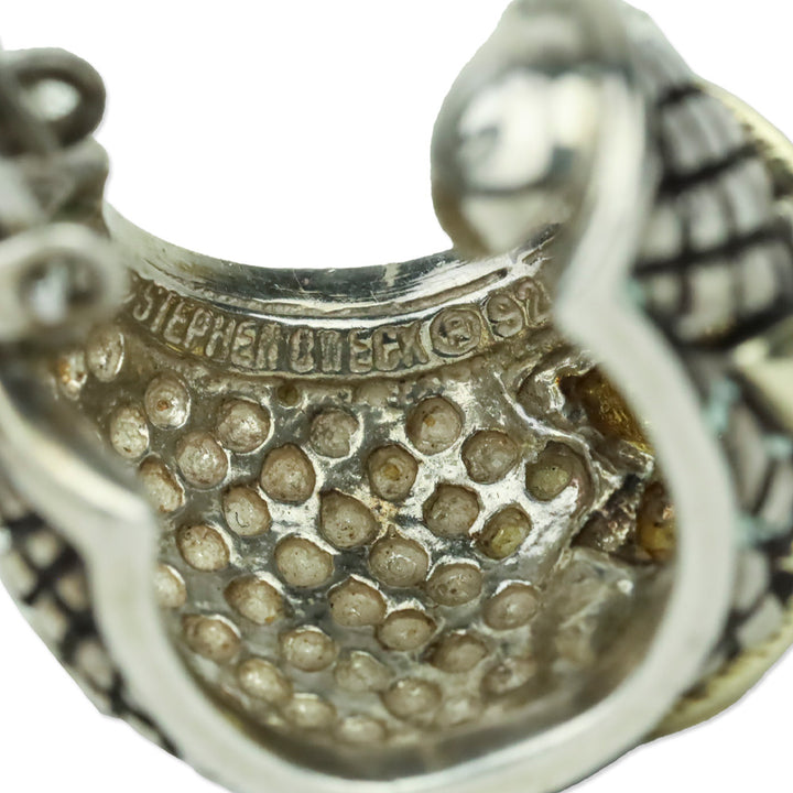Stephen Dweck Quilted Sterling Silver Gold Flower Wide Hoop Clip-On Earrings