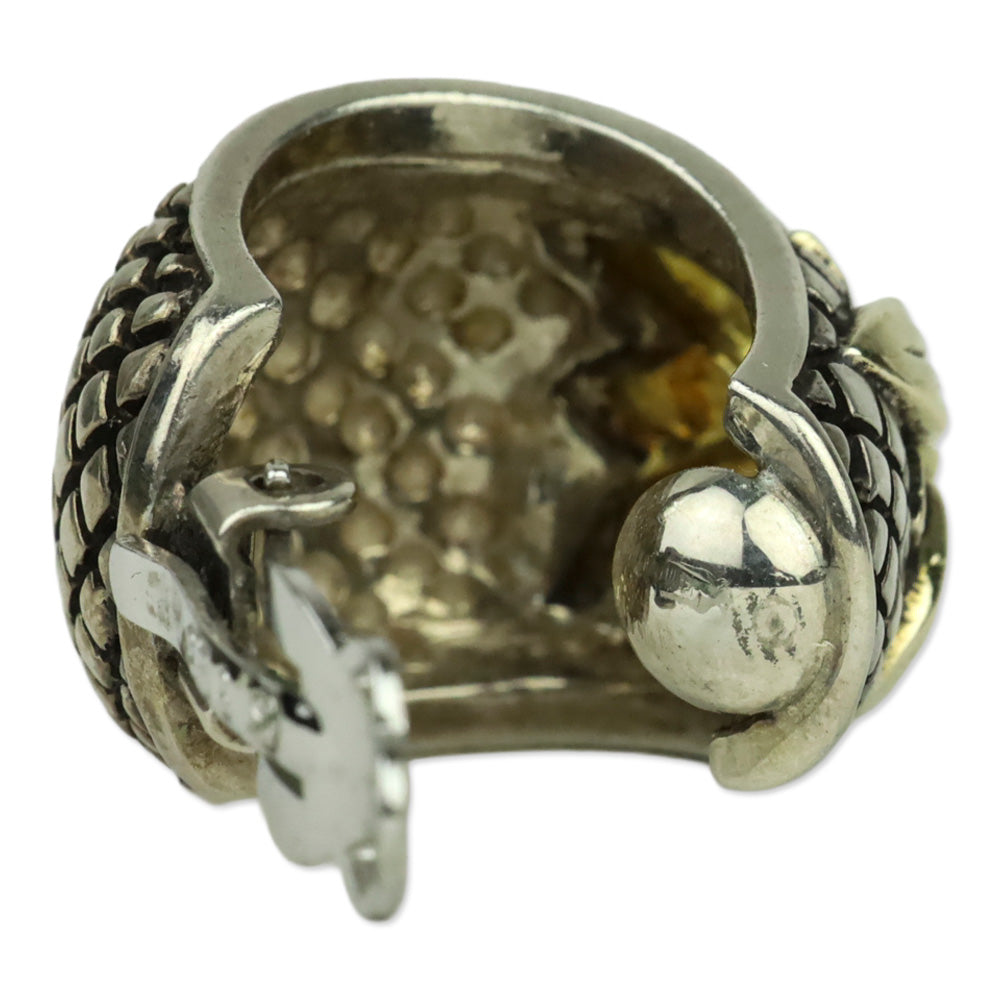 Stephen Dweck Quilted Sterling Silver Gold Flower Wide Hoop Clip-On Earrings