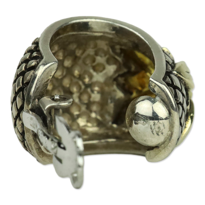 Stephen Dweck Quilted Sterling Silver Gold Flower Wide Hoop Clip-On Earrings