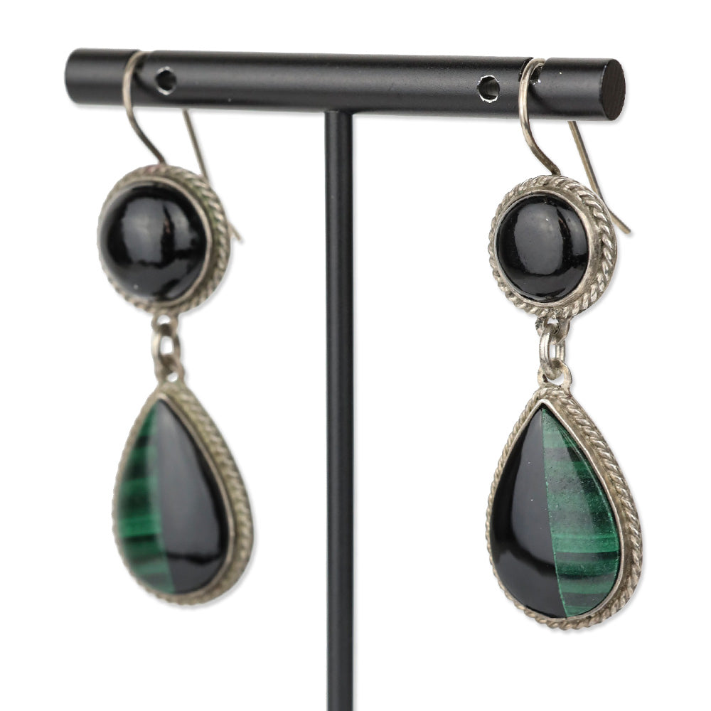 Sterling Green/Black Stone Drop Earrings