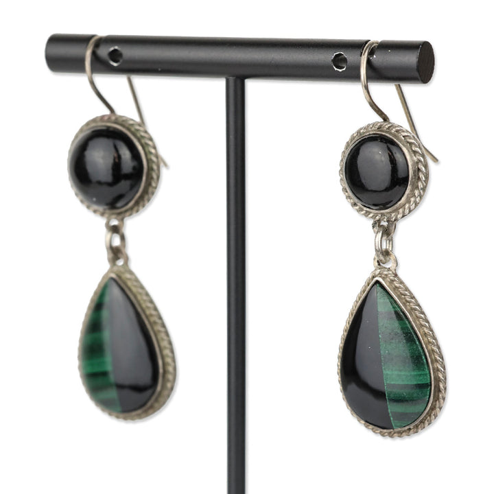 Sterling Green/Black Stone Drop Earrings