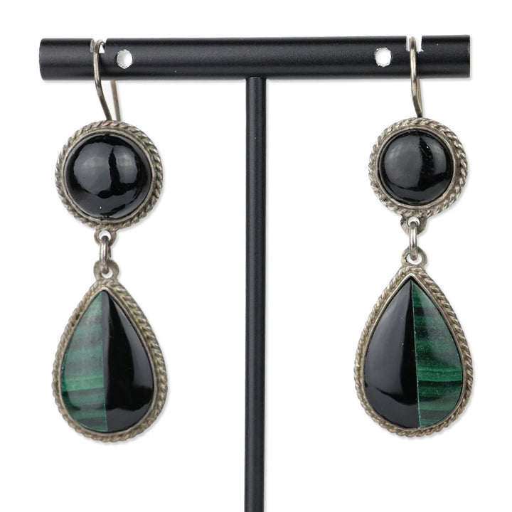 Sterling Green/Black Stone Drop Earrings
