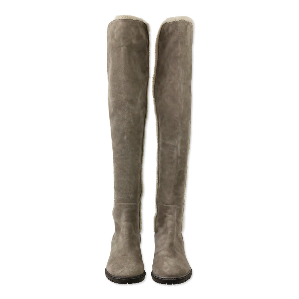 Stuart Weitzman 5050 Cozy Gisele Paprika Topo Suede & Shearling-Trim Knee High Boots