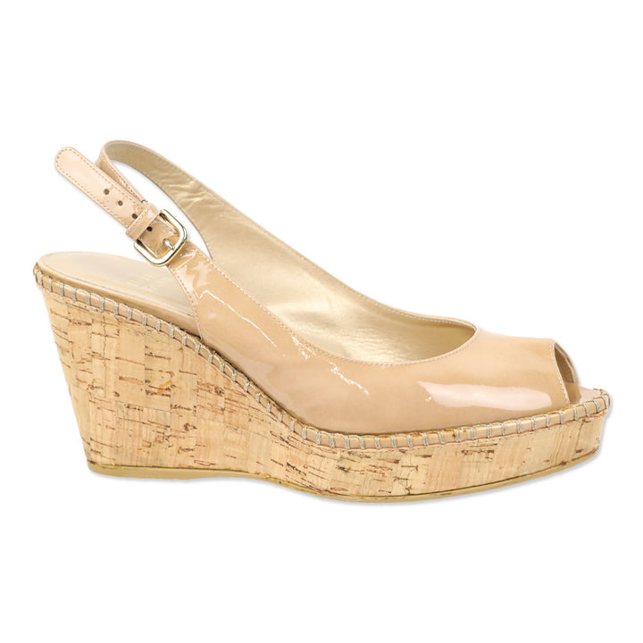 Stuart Weitzman Adobe Jean Patent Leather Peep Toe Cork Wedge Slingback Sandal