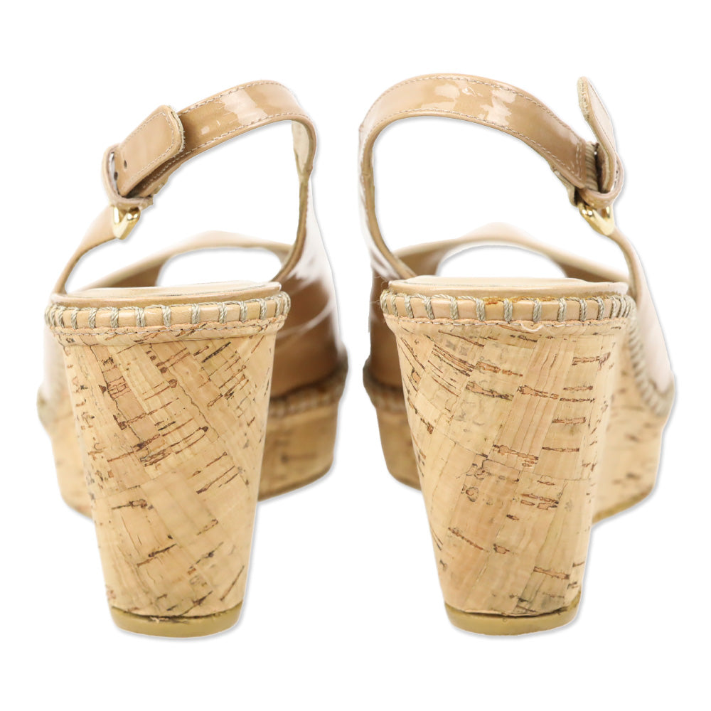 Stuart Weitzman Adobe Jean Patent Leather Peep Toe Cork Wedge Slingback Sandal