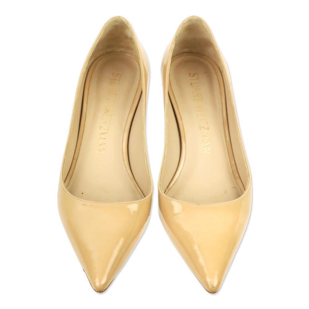 Stuart Weitzman Beige Patent Leather Pointed Kitten Pump
