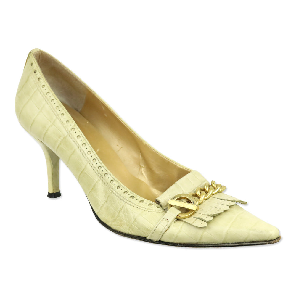 Stuart Weitzman Bisque Indian Croc Leather Kiltie Toggle Chain Pumps