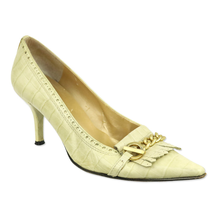 Stuart Weitzman Bisque Indian Croc Leather Kiltie Toggle Chain Pumps