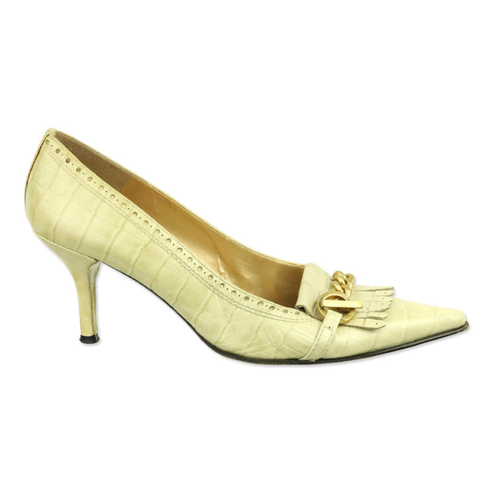 Stuart Weitzman Bisque Indian Croc Leather Kiltie Toggle Chain Pumps