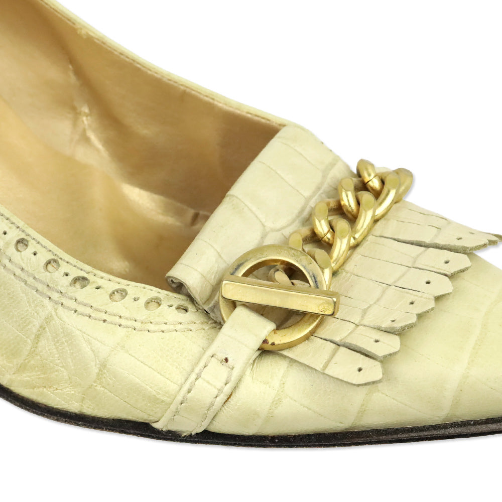 Stuart Weitzman Bisque Indian Croc Leather Kiltie Toggle Chain Pumps