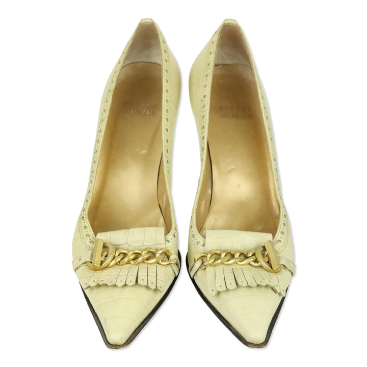 Stuart Weitzman Bisque Indian Croc Leather Kiltie Toggle Chain Pumps