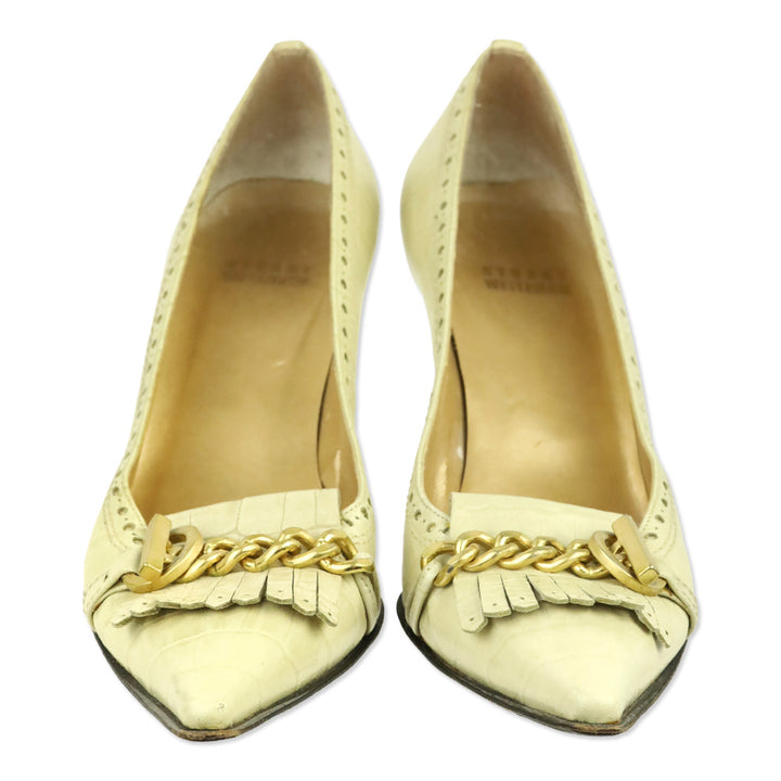 Stuart Weitzman Bisque Indian Croc Leather Kiltie Toggle Chain Pumps