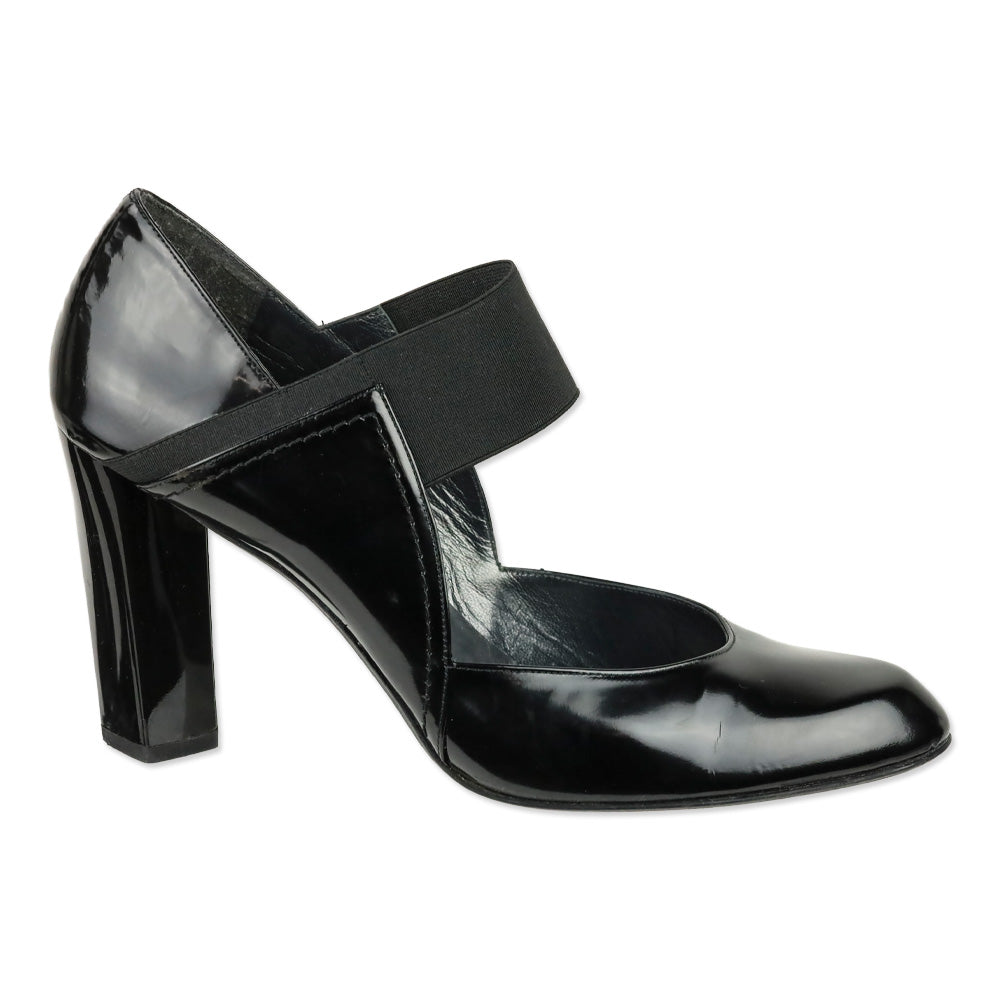 Stuart Weitzman Black Glossy Leather Elastic Mary Jane Pump