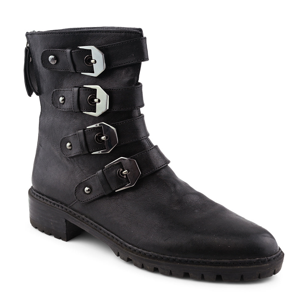 Stuart Weitzman Black Leather Buckle Strap Ankle Boots