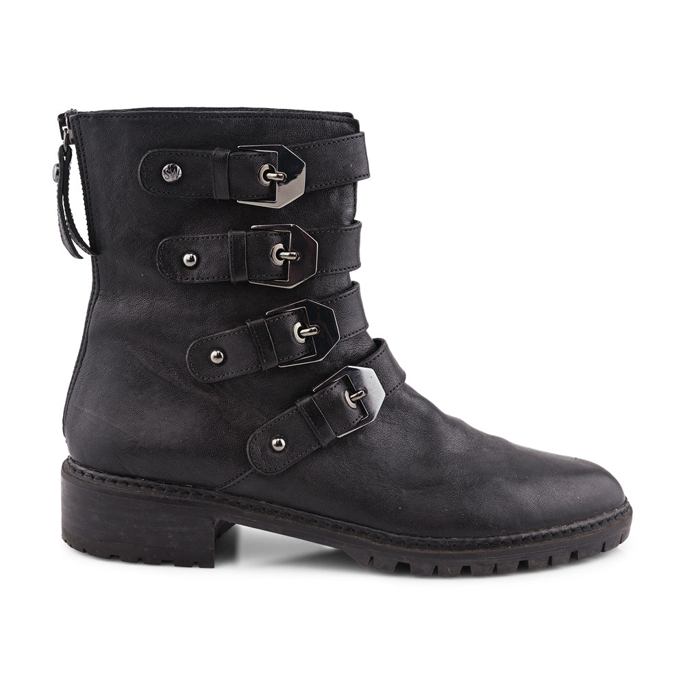 Stuart Weitzman Black Leather Buckle Strap Ankle Boots