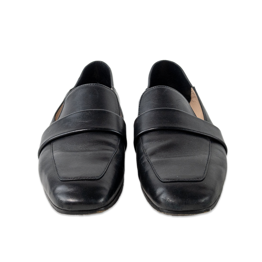 Stuart Weitzman Black Leather Square Toe Loafers